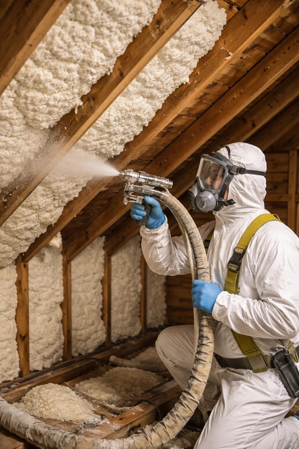 Insulation installer applying spray foam insulation in an attic